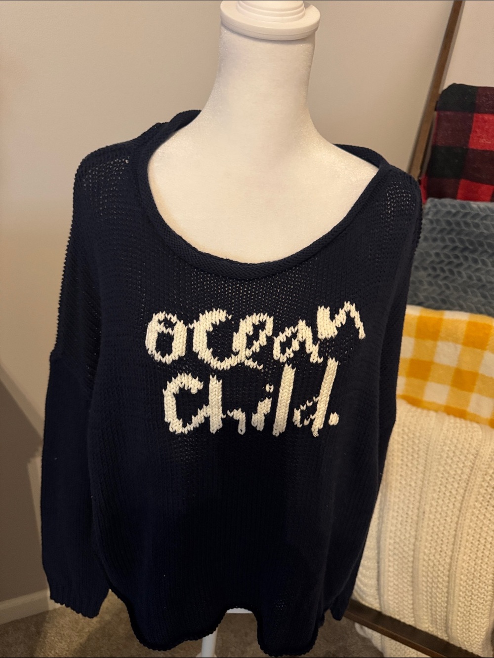 Wooden Ships Navy Crewneck Sweater with white 'Ocean Child' Script